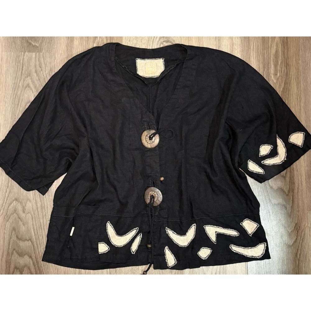 Tara‎ Vao Artsy Linen Blend Shirt Wooden Buttons BOHO Ethnic Gypsy Earthy Size 6